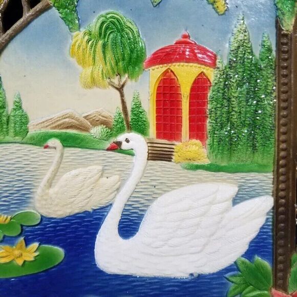 Swan Pond Vintage Wall Art Western Germany Die Cut 1950s Gift Calendar Topper - Picture 2 of 9